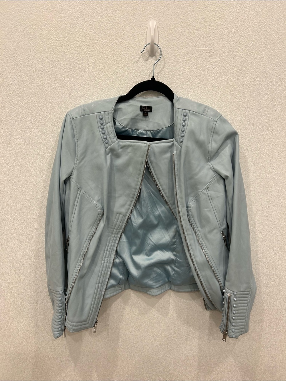 Light Blue Women's Leather Moto Jacket with Stud Detail